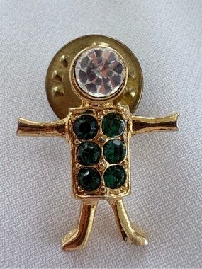 Vintage K.I.S. Gold Tone with Clear & Green Rhinestones Boy. USA K.I.S. Hallmark